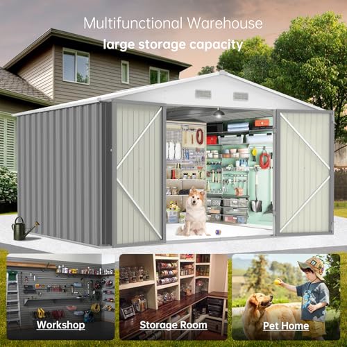 10 x 8 Ft Outdoor Storage Shed with Updated Frame Structure & Lockable Door, Waterproof Practical Garden Patio Lawn Poolside Metal Tool Shed Designed for Organization & Storage, Gray