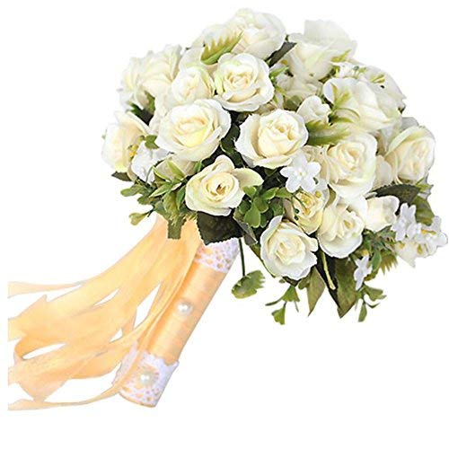 Romántico San Valentín Day&wedding Ramo, Hecho a Mano Flor Artificiales, Rosa Novia Ramo para Boda Decoración, Cinta Boda Soporte Flor Ramo, Novia Dama de Honor Ramo para Fiesta Detalles - Marfil