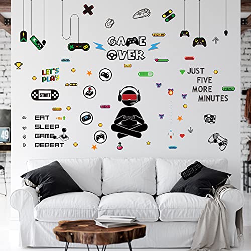 76Pcs Stickers muraux de jeu, Giyiprpi Gamer Contrôleur Jeu Vidéo Muraux Autocollants, Gamer Enfants Stickers Contrôleur Garçon murs Jeux posters Adolescent Papier Peint