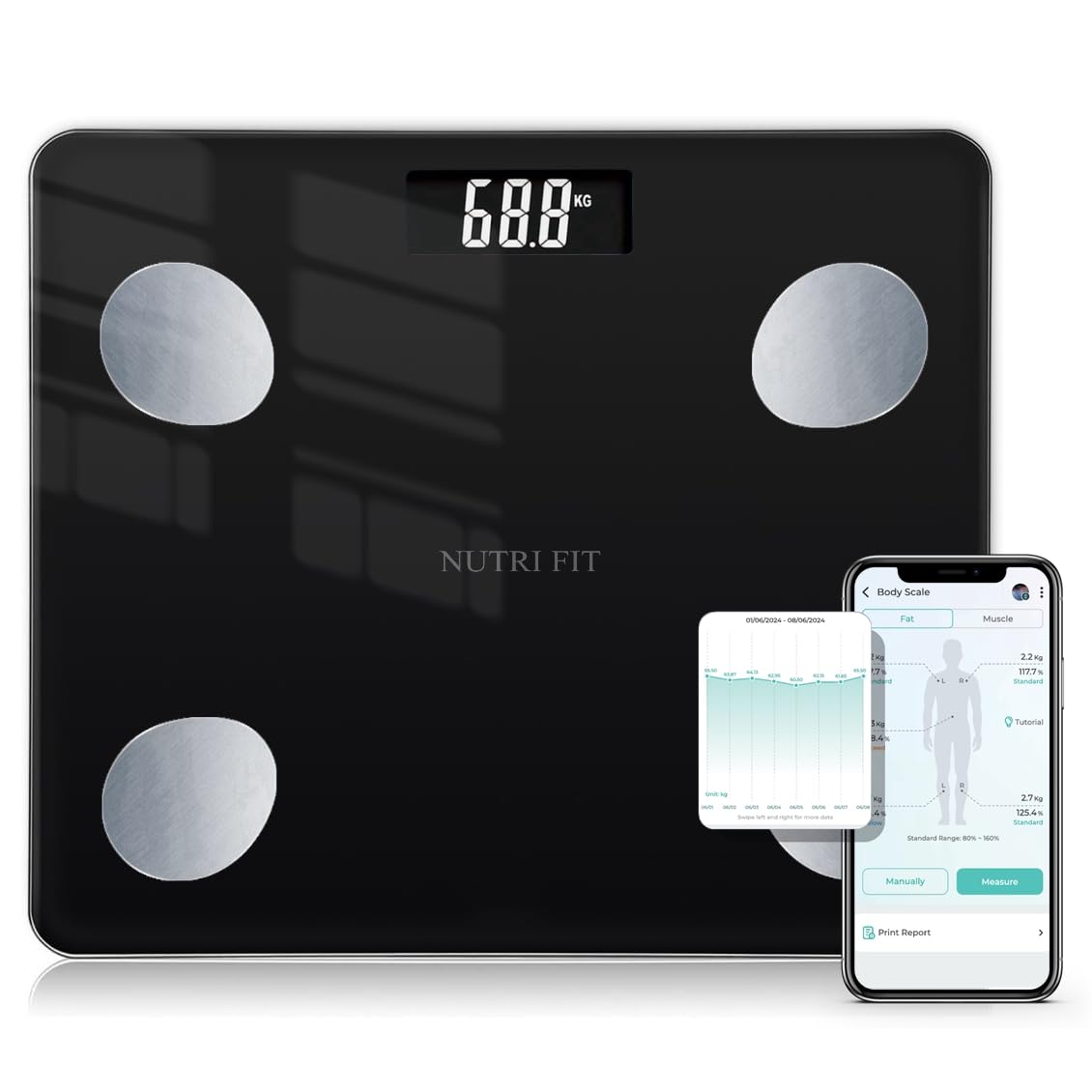 NUTRI FIT Bathroom Weighing Scale for Body Weight and Fat, Digital Smart Scale with Bluetooth, Body Composition Watchers with APP for BMI, Muscle, Weight Loss, Max 150kg/330lb