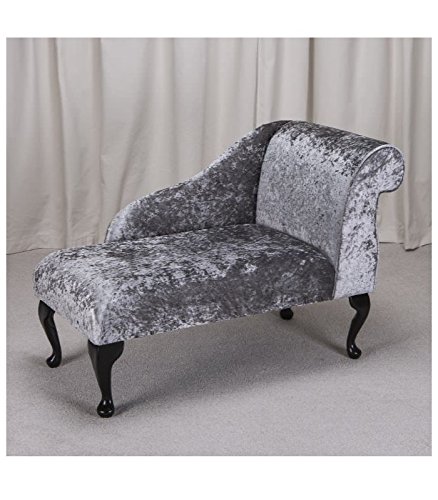 41" Small Classic Chaise Longue - Chair Seat - Bling Pewter Fabric - Right Facing With Queen Anne Legs - Image 3