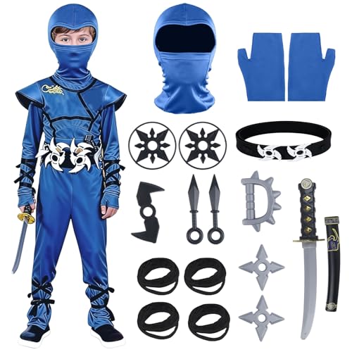 Kitimi Disfarce ninja criança conjunto cosplay anime disfarce carnaval com acessórios ninja carnaval costume crianças cosplay disfarce para carnaval festas disfarces temáticos festa natal azul XL