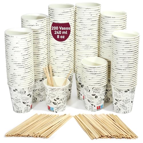200 Vasos Desechables Café de Papel Cartón Blancos, 240 ml / 8oz - Vasos Resistentes y Elegantes para Bebidas Calientes o Frías, Perfectos para Oficina y Hogar. Incluyen Paletinas de Madera