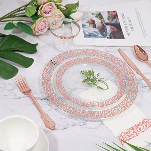 I00000 Rose Gold Plastic Plates 96Pcs, Disposable Plates With Lace Rim,Premium Plates Serve For 48 Guest Includes: 48 Dinner Plates 10.25’’ And 48 Dessert Plates 7.5’’,Clear Rose Gold Plates For Party #TOP1