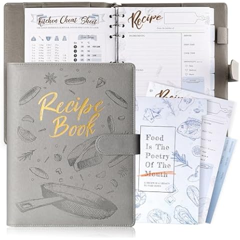 AISBUGUR Recipe Book, Blank Recipe Book to Write in Your Own Recipes,9 Ring DIY Recipe Notebook, Hardcover Recipe Binder, Personalized Recipe Organizer Binder with 160 Pages Grey Cover