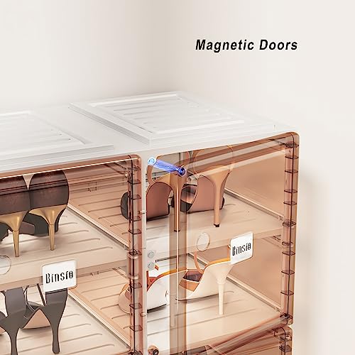 BINSIO Shoe Organizer, Shoe Storage Rack for Closet, Shoe Cabinet for Entryway, Plastic, Foldable Shoe Box, Fast Assembly Shoe Shelf, One Piece Sturdy Sneaker Holder, Clear Brown Doors - 8 Tiers
