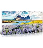 Nature Mountain Landscape Canvas Wall Art, Purple Lupine Flowers Pictures for Living Room Wall De...