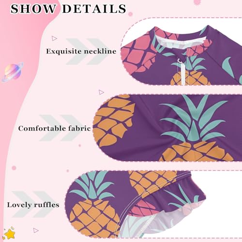 Girls One Piece Swimsuits Long Sleeve Swimsuit Zipper Bathing Suits Pineapple Tropical Purple3