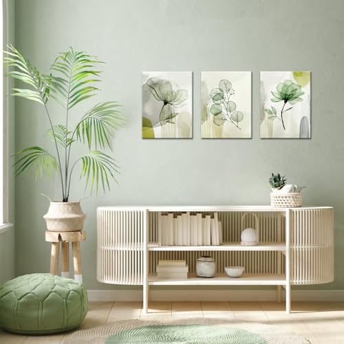 Image of NutArtPic Flower Canvas Wall Art Sage Green Floral Pictures Minimalist Wildflower Painting Prints for Home Decor 12''x16''x3pcs