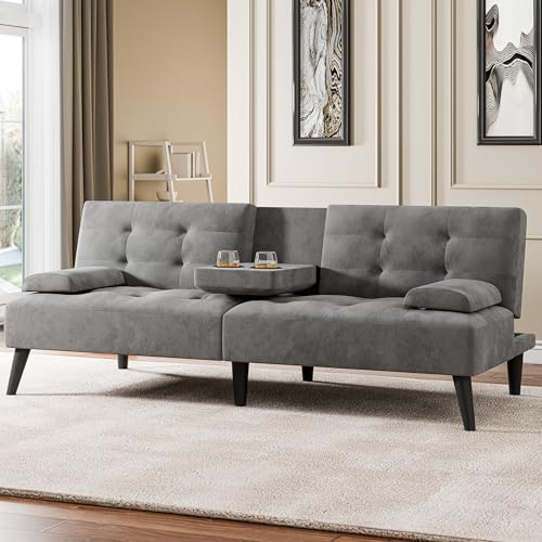 Meilocar 64' Futon Sofa Bed, Convertible Loveseat with 2 Cup Holders, Small Couch with 3 Adjustable Angles & Armrests, Sleeper Sofa for Small Apartment, Office, Dark Grey