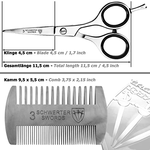 3 Swords Germany – professional BEARD MUSTACHE HAIR SCISSORS with BEARD COMB, stainless steel, straight blade, sharp, with black case
