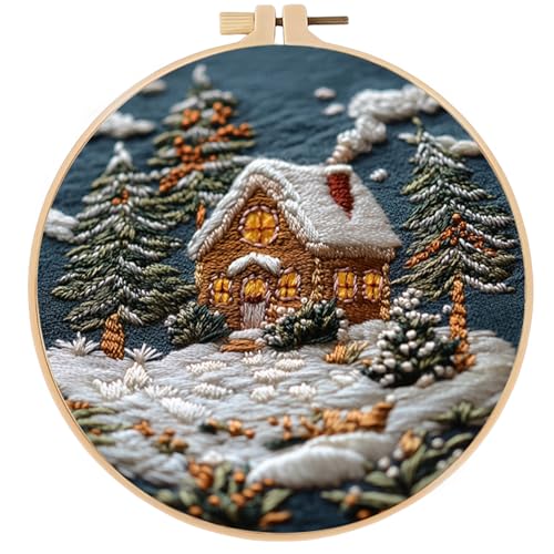 FONNUY Christmas Embroidery Kit for Beginners, Cross Stitch Set Winter Snow House Scene Pine Owl Pat