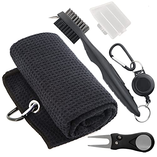 Golf Accessories Kit, 3 in 1 Golf Club Cleaning Kit - Golf Towel, Golf Club Brush, Golf Divot Repair Tool - Golf Accessories Tool Kit