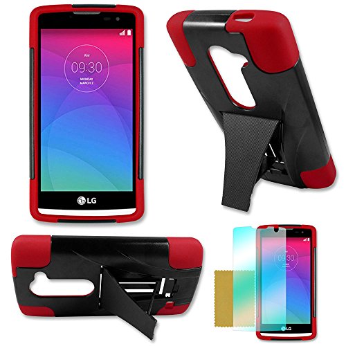 FastSun Screen Protector + Armor Rugged Hybrid Hard T-Stand Dual Case Cover for LG Leon C40 (Black-Red)
