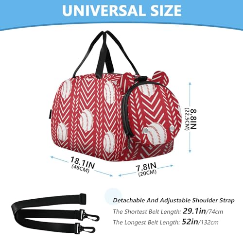 Gym Travel Duffle Bag for Boys Girls Red Chevron Baseballs Pattern Sports Dance Bag with Shoe Compartment & Wet Pocket Football Kids Travel Bag Teens Sleepover Carry3