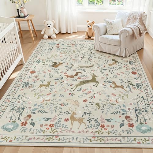5x7 Area Rugs Washable Rug: Lagre Boho Living Room Rug Soft Non-Slip Thin Carpet Indoor Floor Non-Shedding Neutral Floral Carpets for Bedroom Dining...