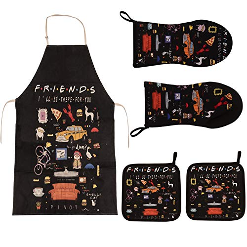 5PCS Friends Kitchen Gifts,Friends Themed Kitchen Decor,1 Friends Apron,2 Friends Oven Mitts,2 Friends Pot Holders,Housewarming Wedding Birthday Mom Anniversary Wife Kitchen (Black)