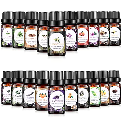 Essential Oils Set, Aromatherapy Essential Oil Kit for Diffuser, Humidifier, Massage, Skin Care - Lavender, Eucalyptus, Tea Tree, Peppermint, Frankincense, Cinnamon, Sandalwood, Patchouli (20 x 5ml)