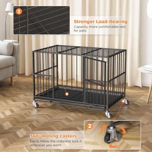 Heavy-Duty-Indestructible-Dog-Crate-Steel-Escape-Proof-Indoor-Double-Doors-and-Lockable-WheelsRemovable-Tray-for-Extra-Large-Dog-Breeds-Pet-Playpen