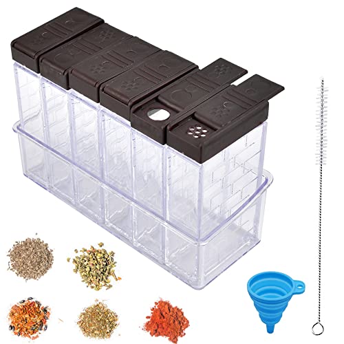 SCHYIDA 6 Piezas Cajas de Plástico para Especias, Juego de Caja para Condimentos, Recipientes de Especias con Bandeja, Botes de Especias Cocina Pequeños, con 1 Mini Embudo y 1 Cepillo Limpieza Cover