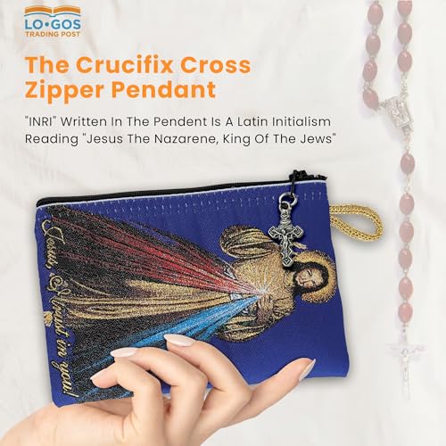 Image of Catholic Rosary Pouch, 4 inch x 6 inch Jewelry & Coin Purse with Cross, Small Woven Tapestry Icon Bag, Bolsa de Rosario Catolico para Joyeria, Devine Mercy of Jesus & Jesus is God, 4 x 6 Inch