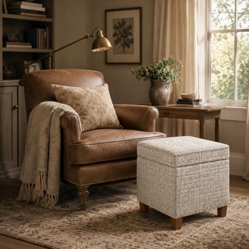Image of HomePop 18 inch Square Tufted Storage Ottoman - Cream Textural Woven