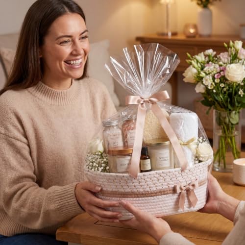 Image of Colingmill 1 Set Woven Basket for Gift Empty with Cellophane Wrap Set 14 x 10 x 5.5 Inch, Medium Decorative Gift Basket Empty to Fill, Cotton Rope Storage Box Decor (White Gold)