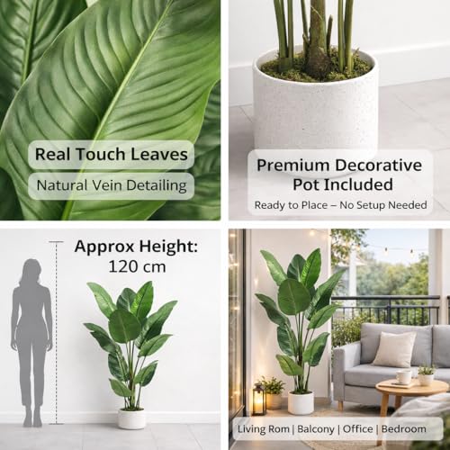 Image of Garden Art Artificial Traveller's Palm Plant with White Pot | 120 cm Real Touch Natural Looking Indoor Plant for Home, Office & Living Room Decor | 12 Leaf Branches (GAJW3538)