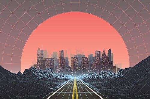 1980s Style Retro Digital City Landscape Sunset Vaporwave Aesthetic Beach Palm Pictures Ocean Scenic Scenery Tropical Nature Futuristic Paradise Scenes Cool Wall Decor Art Print Poster 36x24