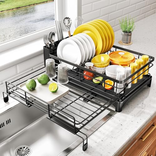 Comparison: Best Drying Rack For Dishes 4 Dish Drying Rack - Extendable Dish Rack, Large Sink Drying Dish Drainer for Kitchen Counter, Stainless Steel Dish Strainer with Utensil Holder (Black)