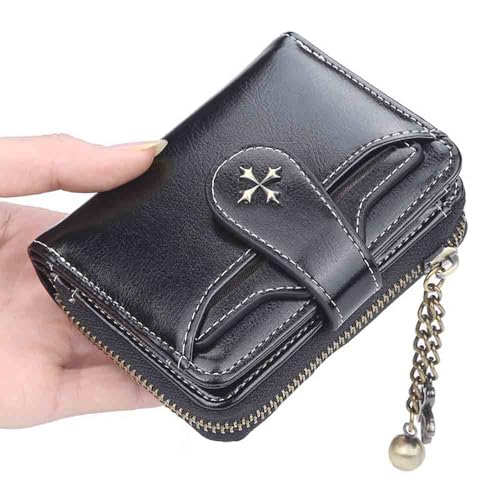 Women's retro wallet small wallet Y2K credit card bag zipper double fold wallet mini leather aesthetic wallet y2k wallet (Black)2