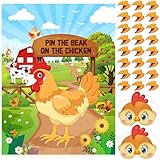 Faccito Farm Animal Games Pin The Beak on The Chicken Barnyard Birthday Party Decorations Farm Poster Games with 24 Stickers Eye Mask for Kids Family School Activities Birthday Party Decor Supplies
