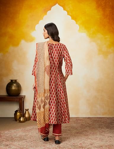 Image of Amazon Brand - Myx Women's Silk Chanderi Handblock Printed Authentic Kurta Set with Dupatta (Anarkali | Bagru Print) (Available in Plus Sizes)