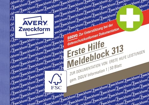 AVERY Zweckform 313 Erste Hilfe Meldeblock nach DGUV Information 204-020 (A6 quer 50 Originale Verbandbuch zur Dokumentation von Unfällen/Hilfeleistungen im Betrieb von Rechtsexperten geprüft)