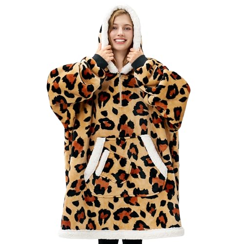 Image of Giggling Getup Wearable Blanket Hoodie for Adults Gifts for Teen Girls Sister Women Sherpa Fleece Printed Hooded Blanket Sweatshirt Warm Cozy with Pocket & Sleeves Brown Leopard