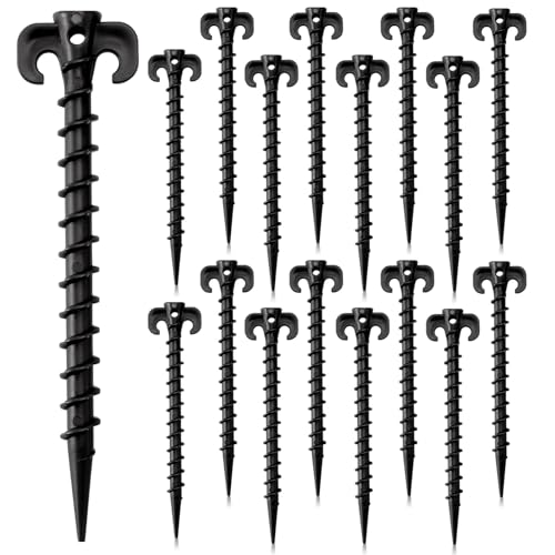 AUGSUN 16 Pack Plastic Tent Stakes Heavy Duty, Black Sand Stakes for Beach 7.5 Inch Screw in Tent Stakes Spiral Ground Anchors Tent Pegs Canopy Stakes for Inflatables Outdoor Camping Hiking Garden