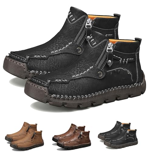 Stepthetop Motorcycle Boots, Step The Top Hand-Stitched Wide Toe Genuine Leather Boots for Men for Work, Hiking