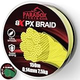 Paradox Fishing 8X PX geflochtene Angelschnur I Chartreuse gelb 150M - 0,14mm - 7,5kg – Angelschnur geflochten- 8fach eng geflochten – perfekt zum Spinnfischen