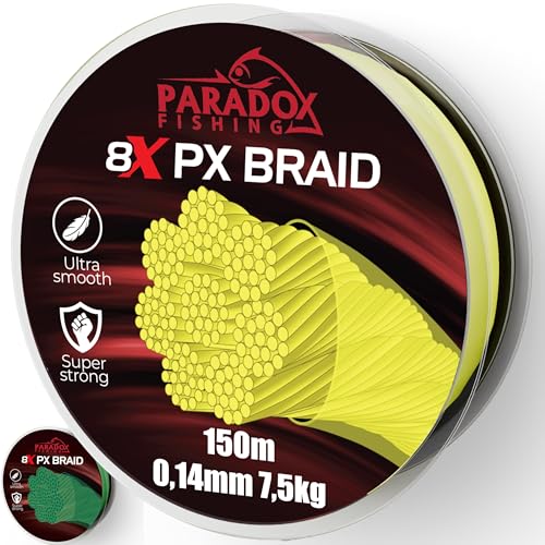 Paradox Fishing 8X PX geflochtene Angelschnur I Chartreuse gelb 150M - 0,14mm - 7,5kg – Angelschnur geflochten- 8fach eng geflochten – perfekt zum Spinnfischen Paradox Fishing 8X PX geflochtene Angelschnur I Chartreuse gelb 150M - 0,14mm - 7,5kg – Angelschnur geflochten- 8fach eng geflochten – perfekt zum Spinnfischen
