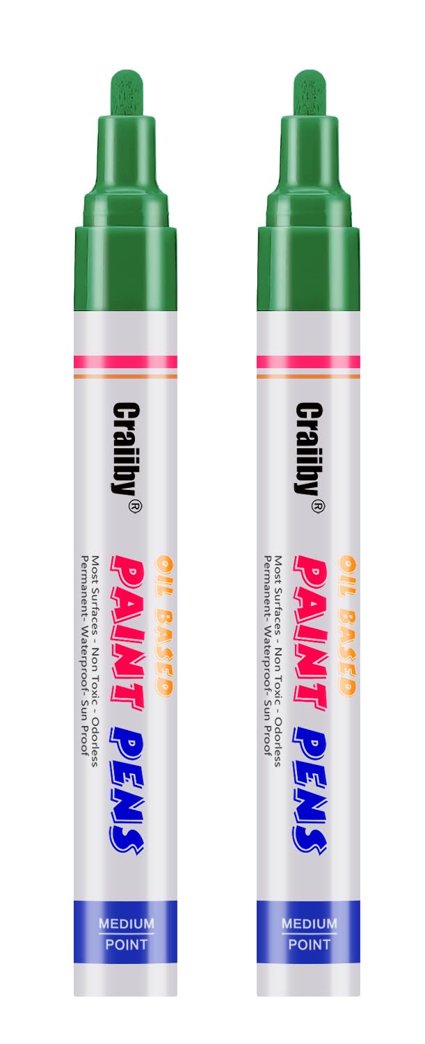 Green Paint Markers, 2 Pack Oil-Based Waterproof Quick Dry Permanent Paint Pen Set for Rocks Painting, Wood, Fabric, Plastic, Canvas, Glass, Mugs, Metal, Tire, Stone, DIY Craft
