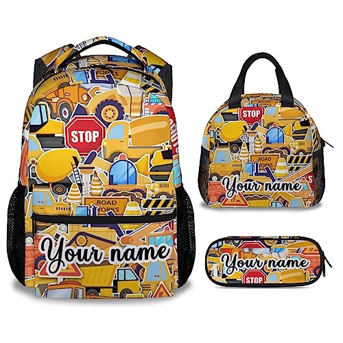 Personalized Boys Backpack, Kids Backpacks Set for School, Construction Truck Bookbag for Elementary Preschool Kindergarten, Toddler School Bag with Lunch Box