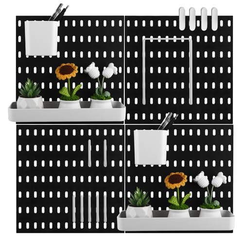 LDXDRU Kit de combinación de tablero perforado de 56 x 56 cm, organizador de pared con accesorios, tablero de clavijas de plástico negro para almacenamiento de herramientas de cocina y hogar, 4