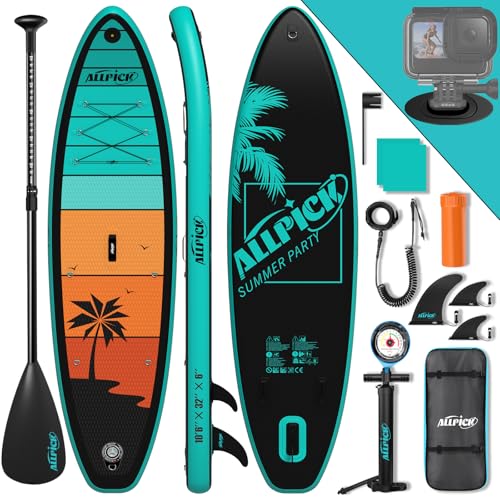 ALLPICK Premium SUP Board Set, Stand Up Paddling Board Aufblasbar, Mit Universal Kamerahalterung, Komplettes Zubehör, Verstellbares Paddel, Anfänger, Fortgeschrittene,200kg,Orangegrün