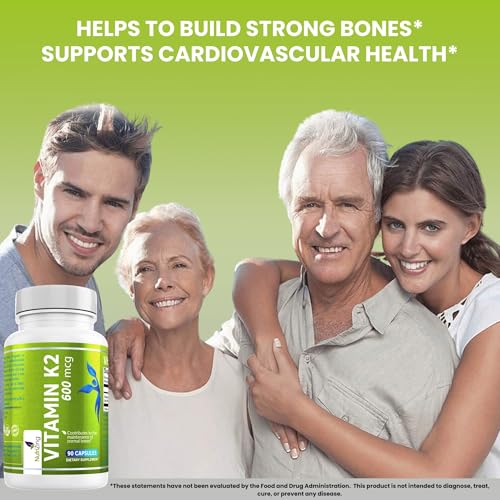 nutrizing k2 vitamin supplement mk-7 - high strength 600mcg - supports bone amp arterial health - 90 vegan capsules - vitamin k2 for men amp women - 3 month supply