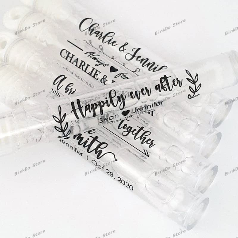 Personalized Wedding Bubble Labels for Reception Send-Off - Custom Clear Bubble Wand Stickers - Greenery Wedding Bulk Favor Labe (6x3.5cm 100 pcs)