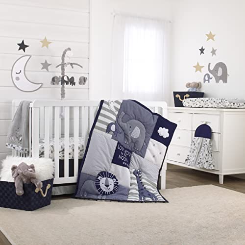 Image of NoJo Love You to The Moon - Navy, Grey and Blue 4 Piece Nursery Crib Bedding Set with Comforter, Fitted Crib Sheet, Dust Ruffle, Diaper Stacker