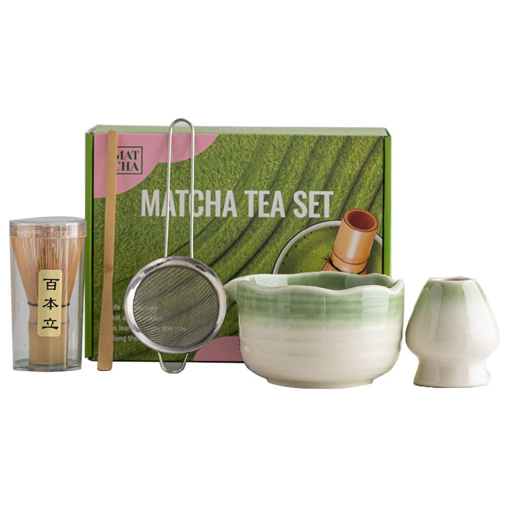 Zixrmor Premium Matcha Set – Matcha Schale, Bambusbesen und Matcha-Löffel Filterlöffel Matcha Set– Vollständiges Matcha Tea Set für Traditionelle Japanische Teezeremonie (Wellengrün)
