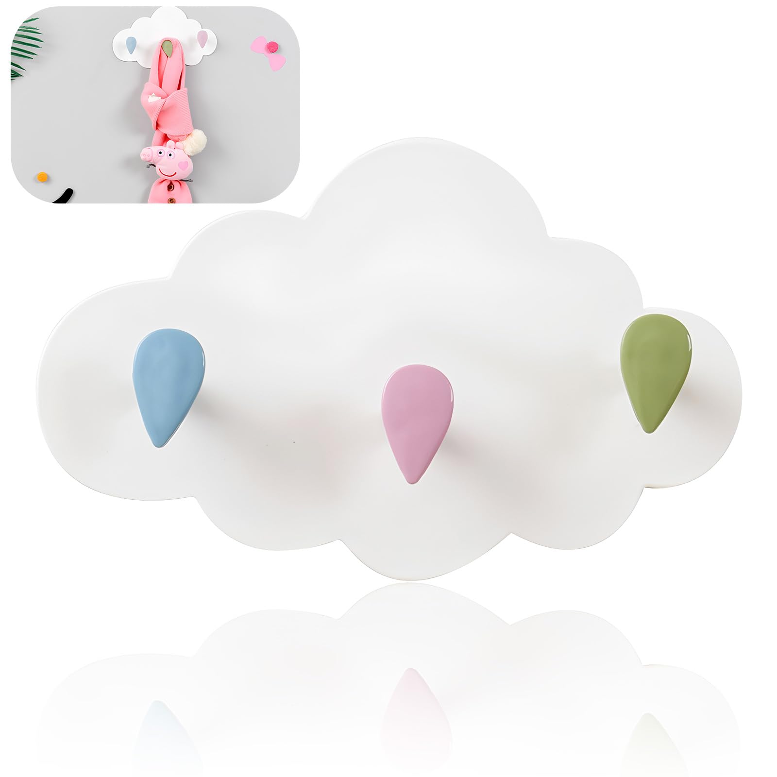 Perchero de pared para habitación infantil Perchero para niño Perchero infantil con 3 ganchos Colgador de Puerta con Nube Perchero de Pared Colgador para Decorar la habitacion de los niño