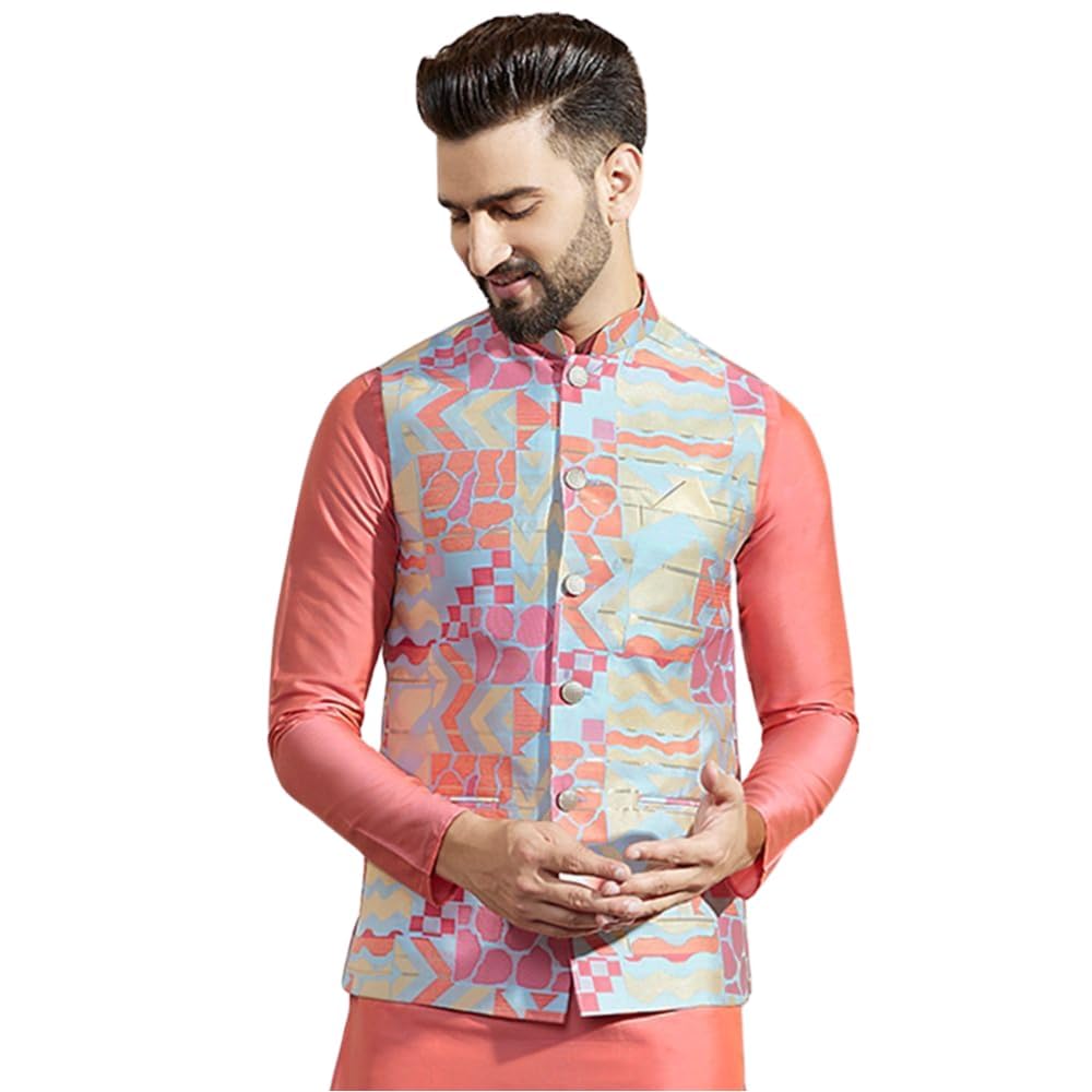 kisah Men's Nehru Jacket, Multi Silk Blend, Woven Design Sleeveless Mandarin Collar Regular Fit-picture-40