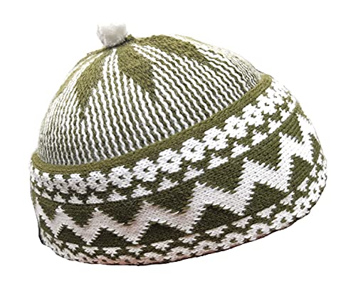 Mens Zigzag HAJI Cap - Kufi All Season Muslim Prayer TOPI Beanie HAT Crown with White Ball - Stretchable ONE Size